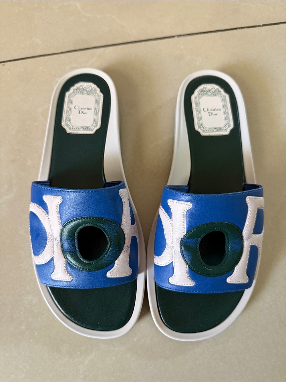 Authentic Christian Dior Blue Green White Leather Slide Sandals Sz 7 37